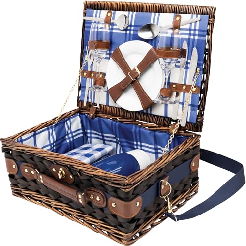 Picknickkorb für 2 Personen aus Weide mit Porzellangeschirr, Edelstahl Besteck, Sektgläsern aus Echtglas, Thermoskanne mit Becher und Tischdecke 41 x 31 x 19 cm Picknickkorb für 2 Personen aus Weide mit Porzellangeschirr, Edelstahl Besteck, Sektgläsern aus Echtglas, Thermoskanne mit Becher und Tischdecke 41 x 31 x 19 cm von noTrash2003