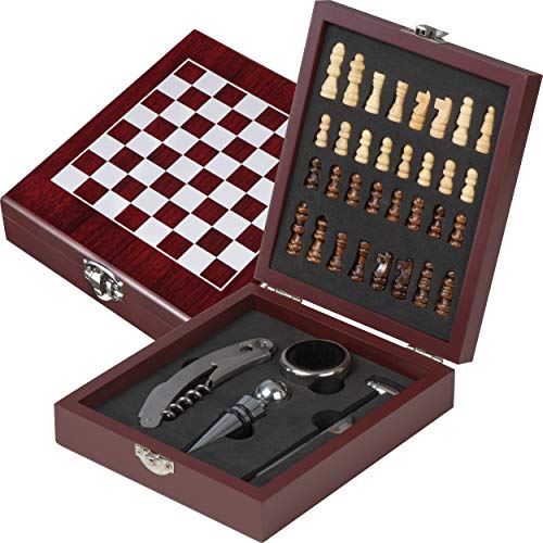Vierteiliges Weinset Sommelier Set in Holzbox mit Thermometer, Tropfring, Flaschenverschluss und Kellnermesser zusammen mit einem Schachspiel Vierteiliges Weinset Sommelier Set in Holzbox mit Thermometer, Tropfring, Flaschenverschluss und Kellnermesser zusammen mit einem Schachspiel von noTrash2003
