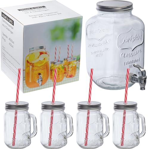 noTrash2003 Getränkespender aus Glas mit auslaufsicherem Zapfhahn 4 Liter Inhalt im Retrostyle mit 4 Oma Trinkgläsern aus Echtglas 450 mL mit Deckel und MehrwegTrinkhalm im Streifenlook von noTrash2003