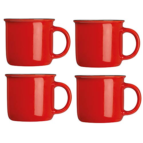 noTrash2003 Porzellantasse Kaffeebecher im Vintage-Look für Kaffee, Tee für Zuhause Picknick oder Unterwegs jeweils als 4er Set in versch. Farben, ca. 350 ml (Rot) von noTrash2003