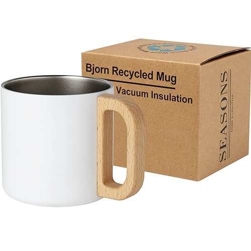 noTrash2003 RCS-zertifizierter Edelstahl Kaffeebecher nachhaltiger umweltfreundlicher Becher aus recyceltem Edelstahl mit Kupfer-Vakuumisolierung, 360 ml, Buchenholzgriff (Weiss) von noTrash2003