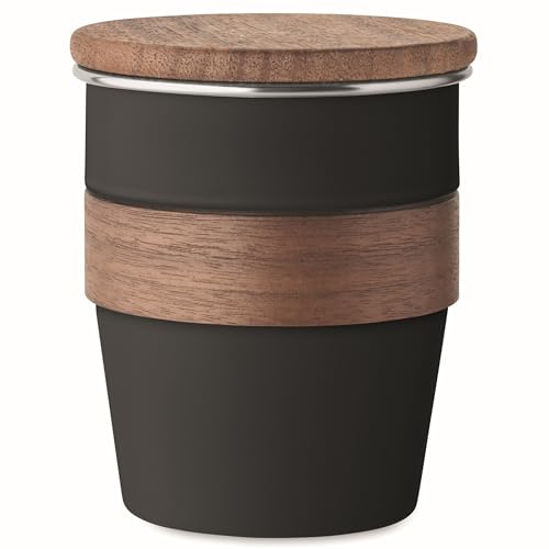 noTrash2003 Stylisher Becher 350 ml wiederverwendbar recycelter Edelstahl mit Walnussholzgriff & -deckel – Einwandiger Coffee-to-go Becher – 90 % recycelter Edelstahl – 4 Farben verfügbar (Schwarz) von noTrash2003