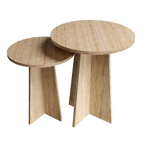 Travertine Efect Runder Nesting Couchtisch 2er Set Moderner Couchtisch Kleiner Beistelltisch Beistelltisch für Wohnzimmer von noadre