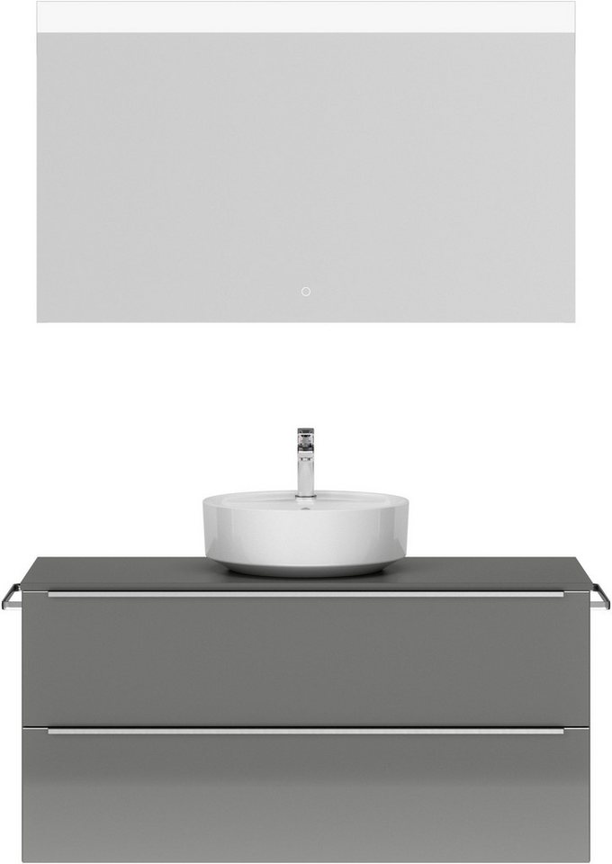 nobilia® Badmöbel-Set Alvene, (2-St., vormontiert, mit Soft-Close), Hochglanz, inkl. Spiegel mit Touch-Sensor, in vier Breiten von nobilia®