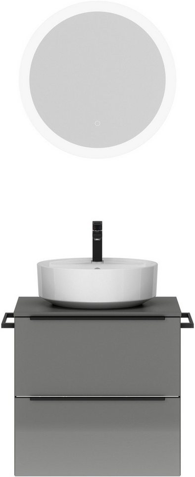 nobilia® Badmöbel-Set Alvene, (2-St., vormontiert, mit Soft-Close), Hochglanz, inkl. Spiegel mit Touch-Sensor, in vier Breiten von nobilia®