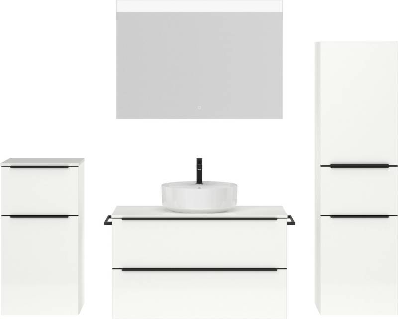 nobilia® Badmöbel-Set Alvene, (4-St., vormontiert, mit Soft-Close), Hochglanz, inkl. Spiegel mit Touch-Sensor, in vier Breiten von nobilia®