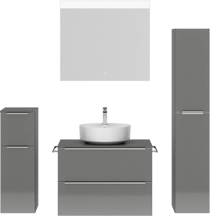 nobilia® Badmöbel-Set Alvene, (4-St., vormontiert, mit Soft-Close), Hochglanz, inkl. Spiegel mit Touch-Sensor, in vier Breiten von nobilia®