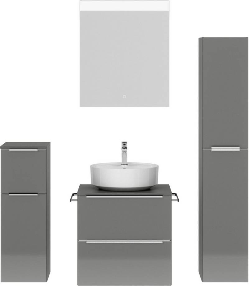 nobilia® Badmöbel-Set Alvene, (4-St., vormontiert, mit Soft-Close), Hochglanz, inkl. Spiegel mit Touch-Sensor, in vier Breiten von nobilia®
