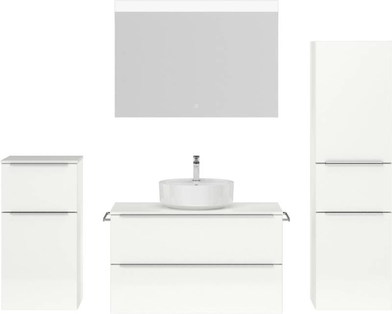 nobilia® Badmöbel-Set Alvene, (4-St., vormontiert, mit Soft-Close), Hochglanz, inkl. Spiegel mit Touch-Sensor, in vier Breiten von nobilia®