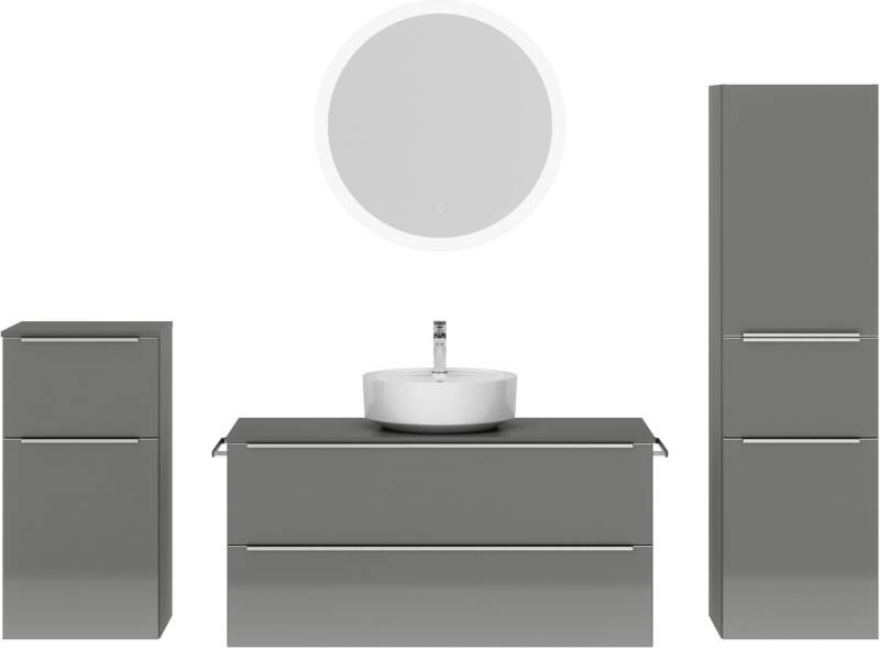 nobilia® Badmöbel-Set Alvene, (4-St., vormontiert, mit Soft-Close), Hochglanz, inkl. Spiegel mit Touch-Sensor, in vier Breiten von nobilia®