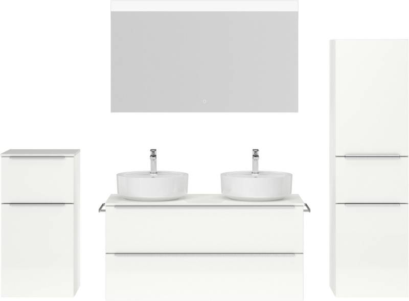 nobilia® Badmöbel-Set Alvene, (4-St., vormontiert, mit Soft-Close), Hochglanz, inkl. Spiegel mit Touch-Sensor, in vier Breiten von nobilia®