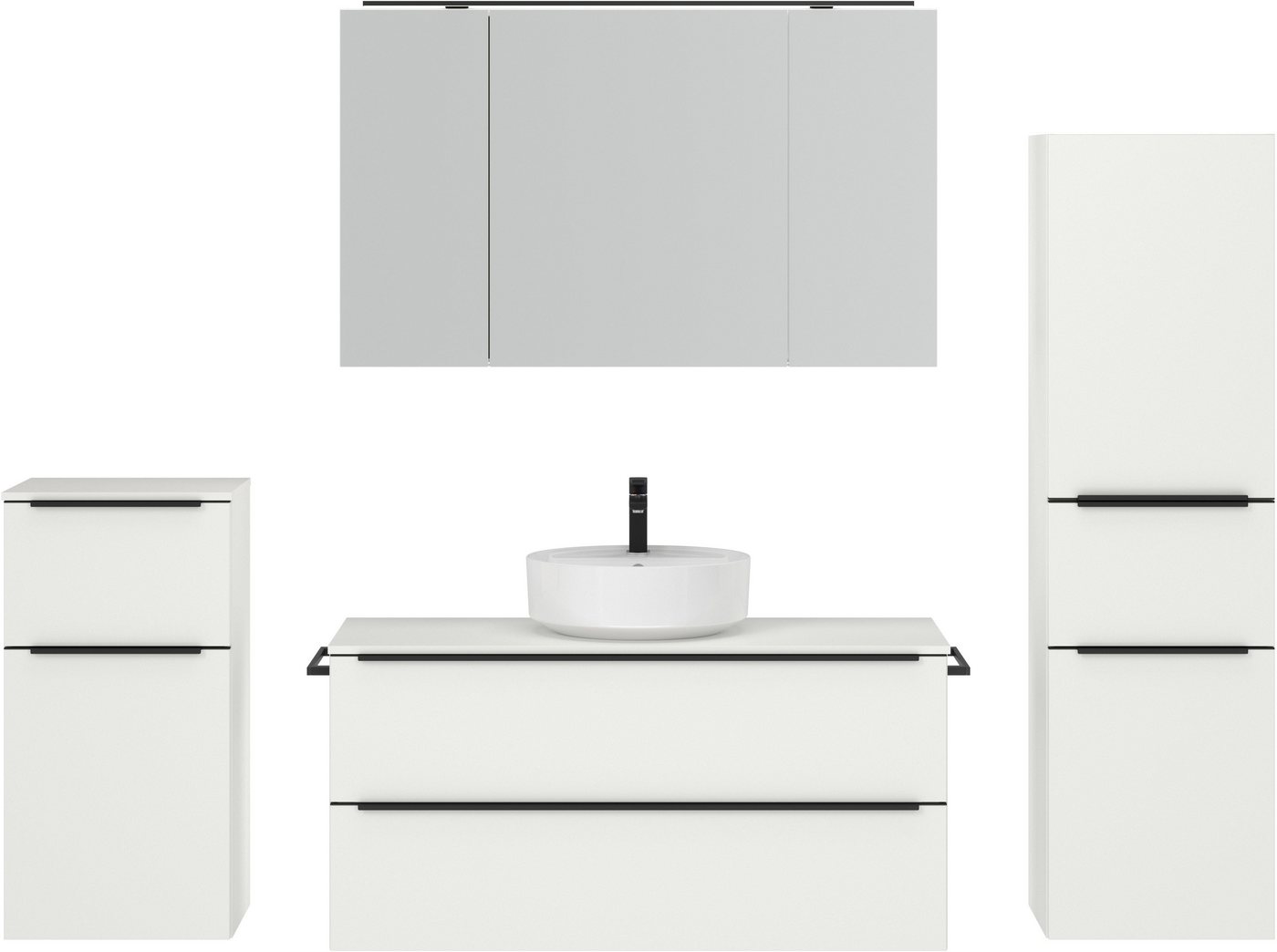 nobilia® Badmöbel-Set Alvene, (4-St., vormontiert, mit Soft-Close), inkl. Spiegelschrank mit Beleuchtung und Dimmerfunktion, in 4 Breiten von nobilia®