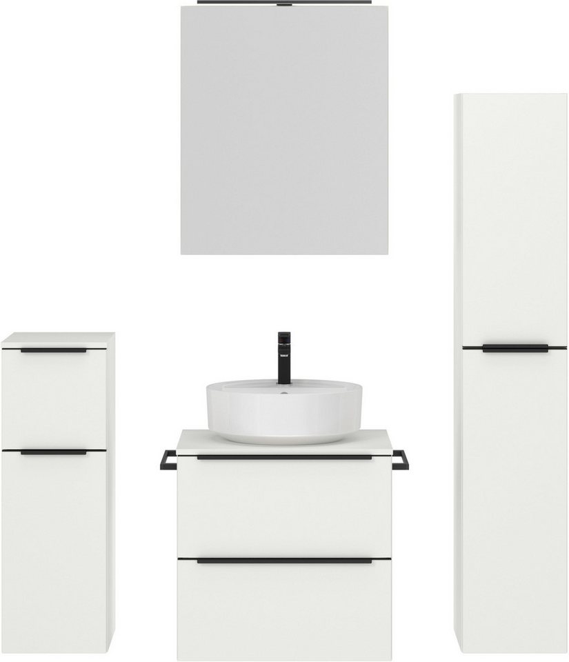 nobilia® Badmöbel-Set Alvene, (4-St., vormontiert, mit Soft-Close), inkl. Spiegelschrank mit Beleuchtung und Dimmerfunktion, in 4 Breiten von nobilia®