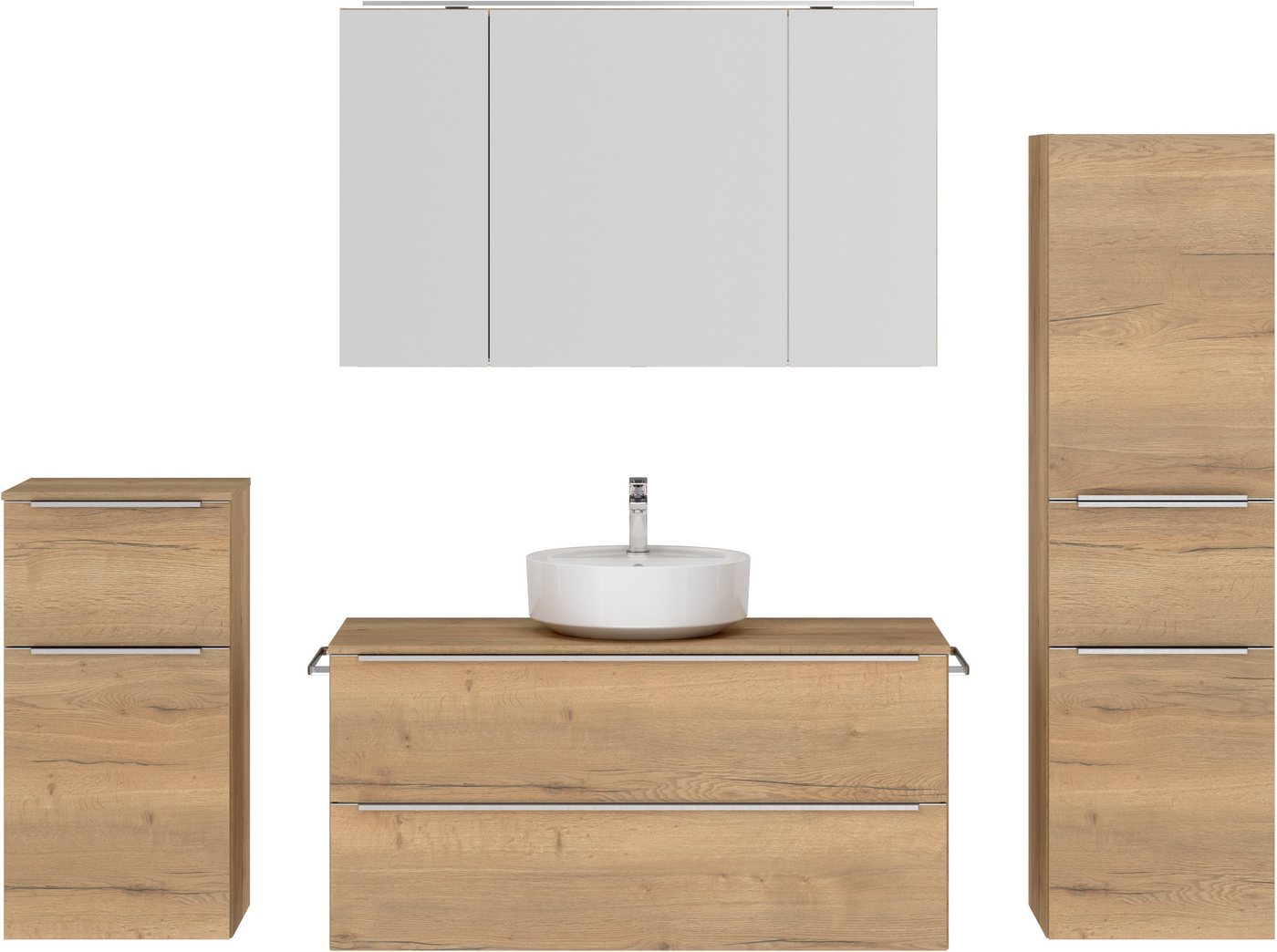 nobilia® Badmöbel-Set Alvene, (4-St., vormontiert, mit Soft-Close), inkl. Spiegelschrank mit Beleuchtung und Dimmerfunktion, in 4 Breiten von nobilia®