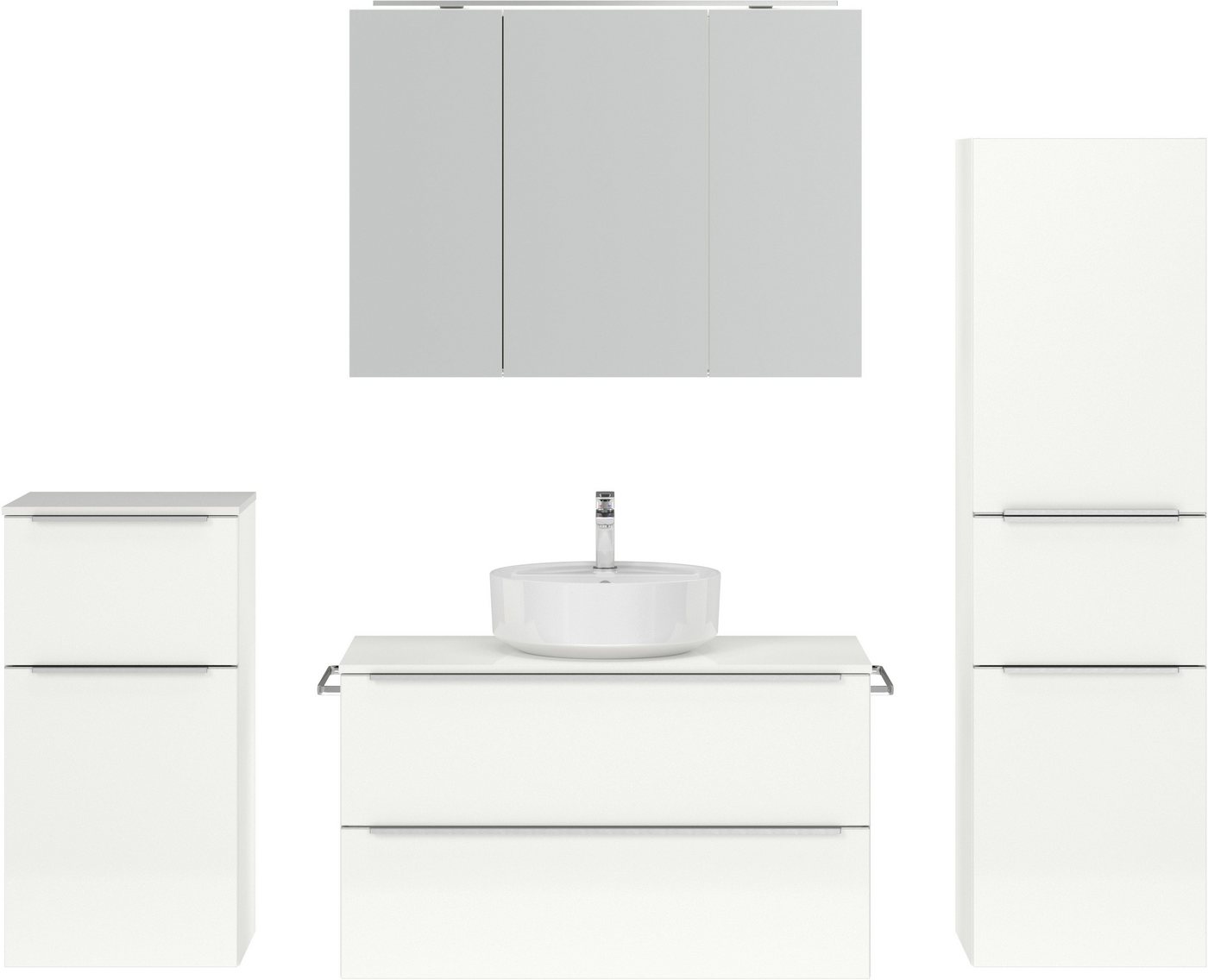 nobilia® Badmöbel-Set Alvene, (4-St., vormontiert, mit Soft-Close), inkl. Spiegelschrank mit Beleuchtung und Dimmerfunktion, in 4 Breiten von nobilia®