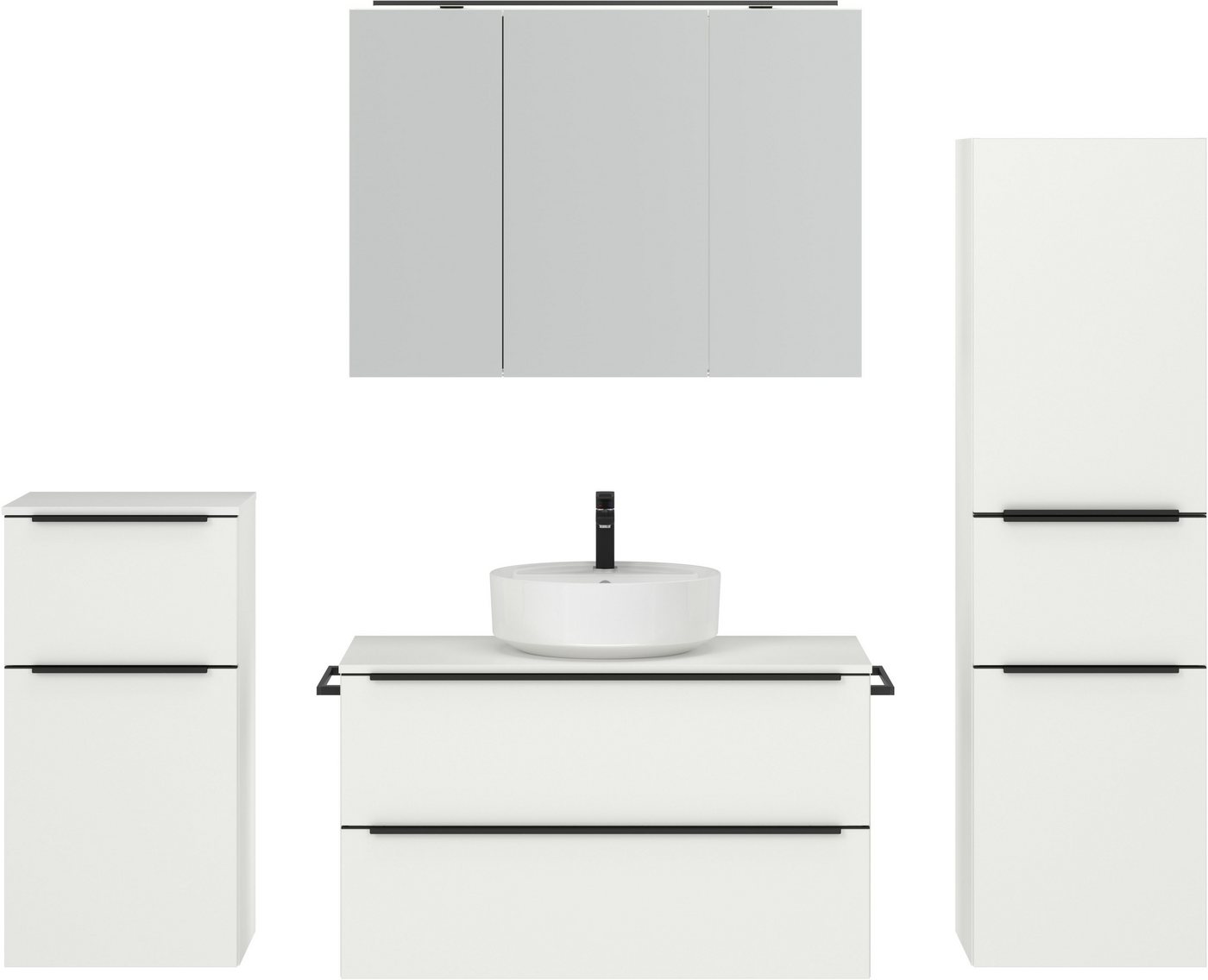 nobilia® Badmöbel-Set Alvene, (4-St., vormontiert, mit Soft-Close), inkl. Spiegelschrank mit Beleuchtung und Dimmerfunktion, in 4 Breiten von nobilia®