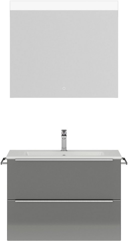 nobilia® Badmöbel-Set Levere, (2-St., vormontiert, mit Soft-Close), Hochglanz, inkl. Spiegel mit Touch-Sensor, in vier Breiten von nobilia®