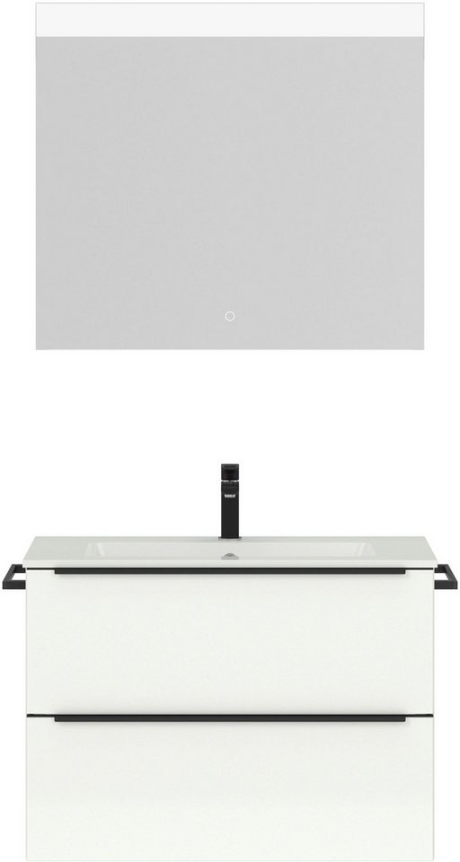 nobilia® Badmöbel-Set Levere, (2-St., vormontiert, mit Soft-Close), Hochglanz, inkl. Spiegel mit Touch-Sensor, in vier Breiten von nobilia®