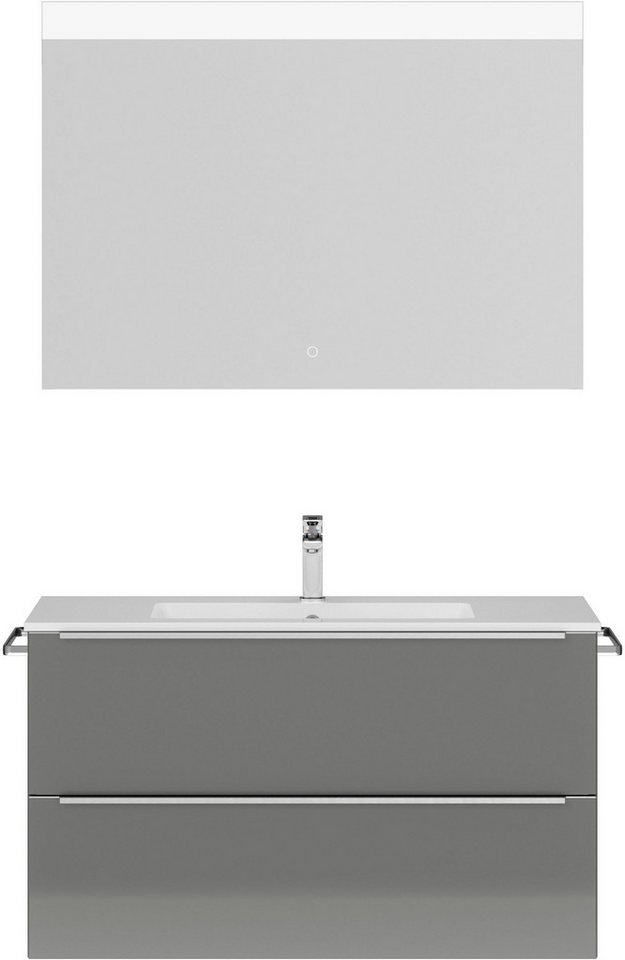 nobilia® Badmöbel-Set Levere, (2-St., vormontiert, mit Soft-Close), Hochglanz, inkl. Spiegel mit Touch-Sensor, in vier Breiten von nobilia®