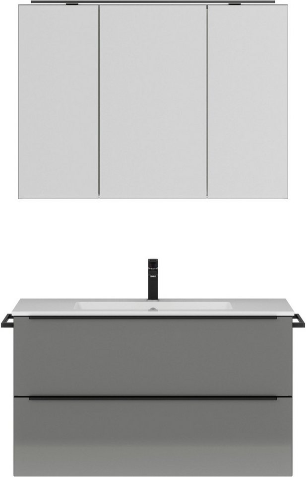 nobilia® Badmöbel-Set Levere, (2-St., vormontiert, mit Soft-Close), inkl. Spiegelschrank mit Beleuchtung und Dimmerfunktion, in 4 Breiten von nobilia®