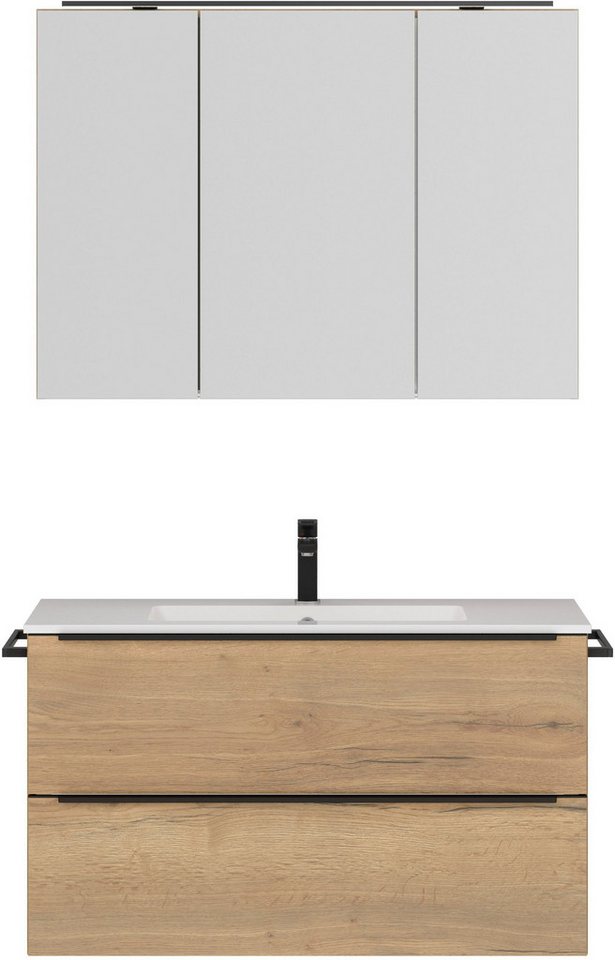 nobilia® Badmöbel-Set Levere, (2-St., vormontiert, mit Soft-Close), inkl. Spiegelschrank mit Beleuchtung und Dimmerfunktion, in 4 Breiten von nobilia®