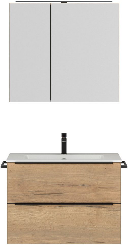 nobilia® Badmöbel-Set Levere, (2-St., vormontiert, mit Soft-Close), inkl. Spiegelschrank mit Beleuchtung und Dimmerfunktion, in 4 Breiten von nobilia®