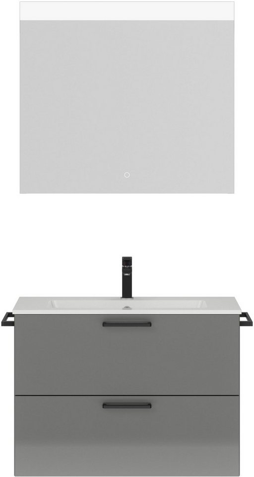 nobilia® Badmöbel-Set Tolvina, (2-St., vormontiert, mit Soft-Close), Hochglanz, inkl. Spiegel mit Touch-Sensor, in vier Breiten von nobilia®
