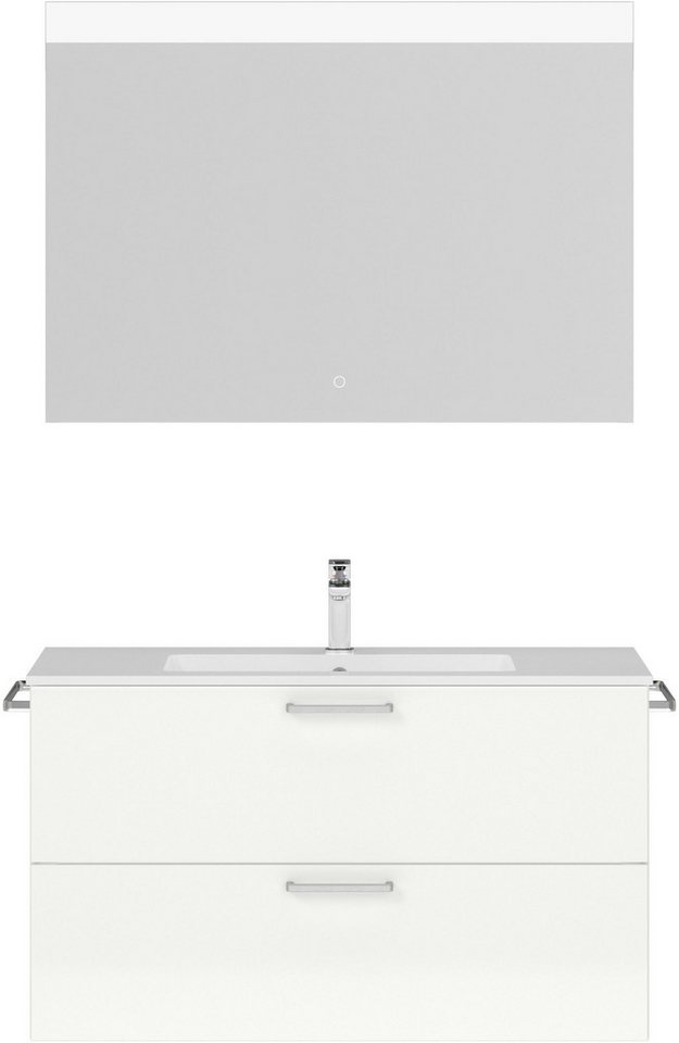 nobilia® Badmöbel-Set Tolvina, (2-St., vormontiert, mit Soft-Close), Hochglanz, inkl. Spiegel mit Touch-Sensor, in vier Breiten von nobilia®