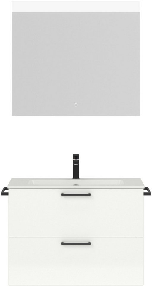 nobilia® Badmöbel-Set Tolvina, (2-St., vormontiert, mit Soft-Close), Hochglanz, inkl. Spiegel mit Touch-Sensor, in vier Breiten von nobilia®
