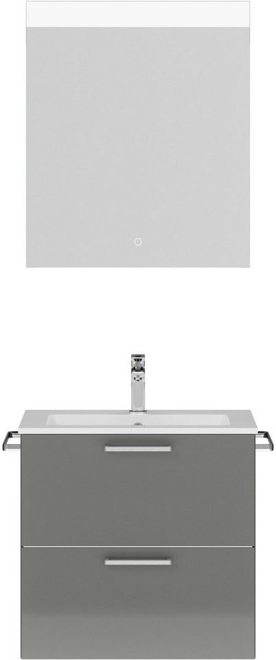 nobilia® Badmöbel-Set Tolvina, (2-St., vormontiert, mit Soft-Close), Hochglanz, inkl. Spiegel mit Touch-Sensor, in vier Breiten von nobilia®