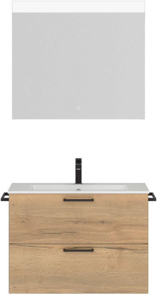 nobilia® Badmöbel-Set Tolvina, (2-St., vormontiert, mit Soft-Close), inkl. Spiegel mit Touch-Sensor, in vier Breiten von nobilia®