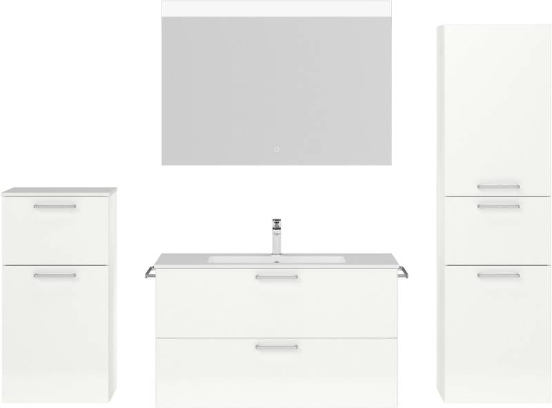 nobilia® Badmöbel-Set Tolvina, (4-St., vormontiert, mit Soft-Close), Hochglanz, inkl. Spiegel mit Touch-Sensor, in vier Breiten von nobilia®
