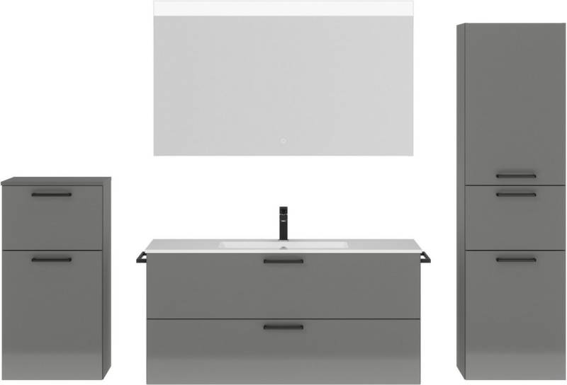 nobilia® Badmöbel-Set Tolvina, (4-St., vormontiert, mit Soft-Close), Hochglanz, inkl. Spiegel mit Touch-Sensor, in vier Breiten von nobilia®