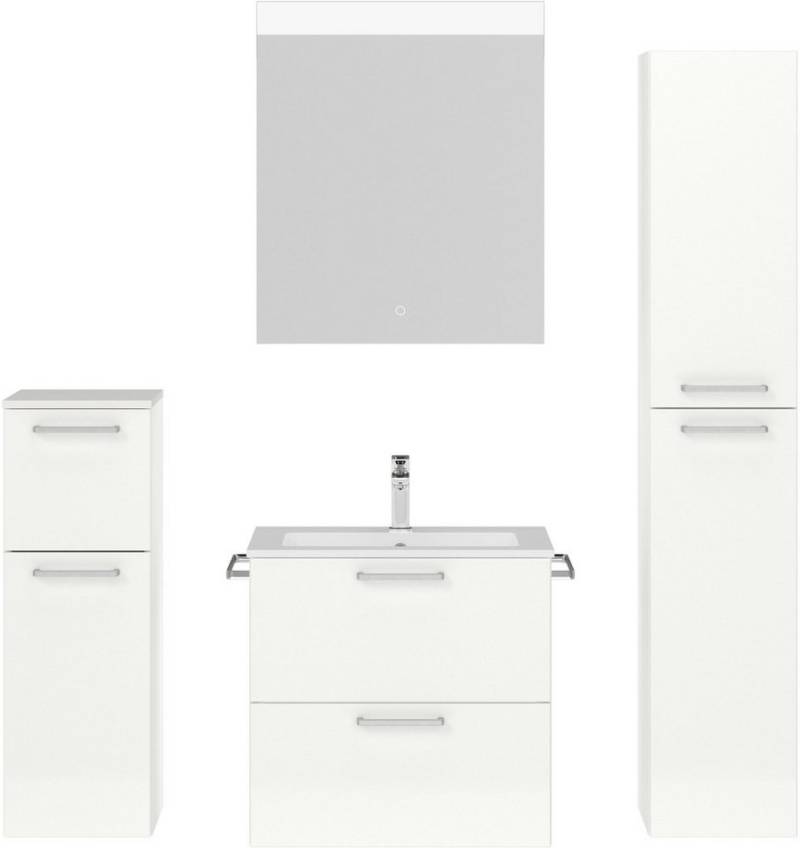 nobilia® Badmöbel-Set Tolvina, (4-St., vormontiert, mit Soft-Close), Hochglanz, inkl. Spiegel mit Touch-Sensor, in vier Breiten von nobilia®