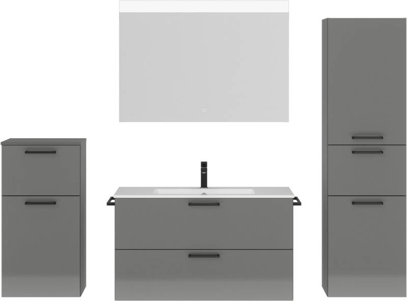 nobilia® Badmöbel-Set Tolvina, (4-St., vormontiert, mit Soft-Close), Hochglanz, inkl. Spiegel mit Touch-Sensor, in vier Breiten von nobilia®