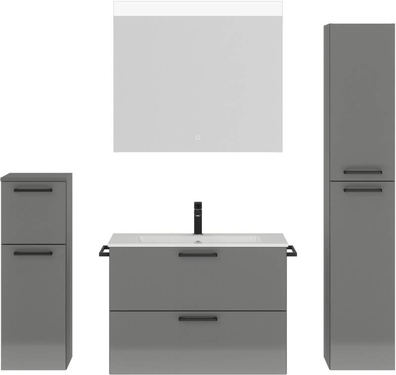 nobilia® Badmöbel-Set Tolvina, (4-St., vormontiert, mit Soft-Close), Hochglanz, inkl. Spiegel mit Touch-Sensor, in vier Breiten von nobilia®