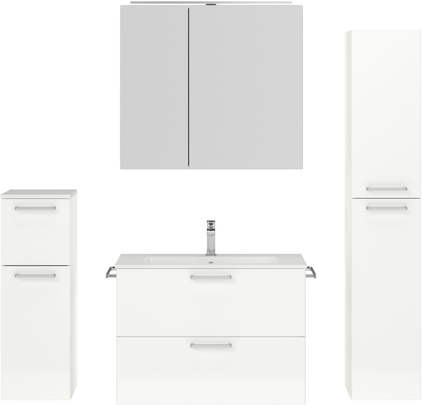 nobilia® Badmöbel-Set Tolvina, (4-St., vormontiert, mit Soft-Close), inkl. Spiegelschrank mit Beleuchtung und Dimmerfunktion, in 4 Breiten von nobilia®