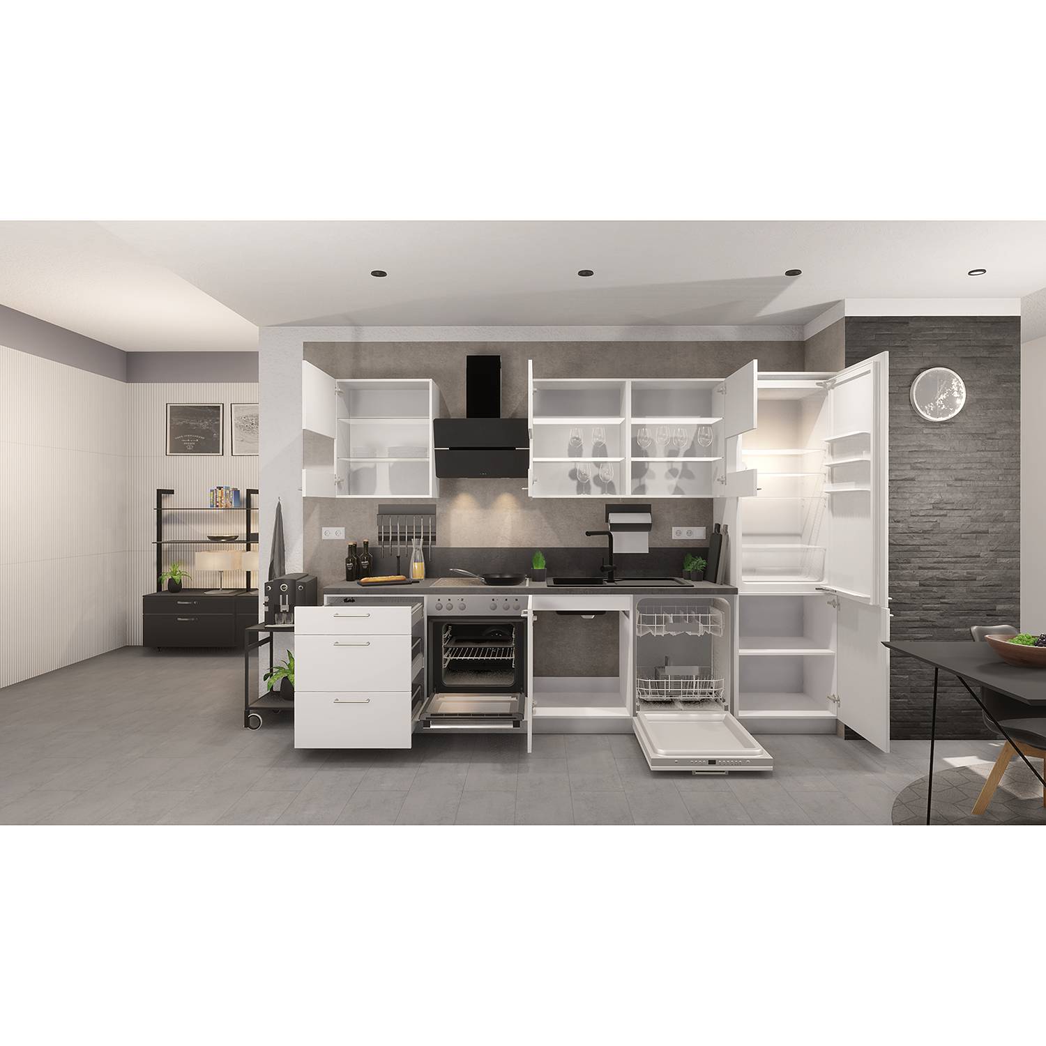 home24 Küchenzeile Concept II 300 x 217 x 60cm Ausrichtung rechts Weiß/Weiß/Beton Dekor Beko von home24