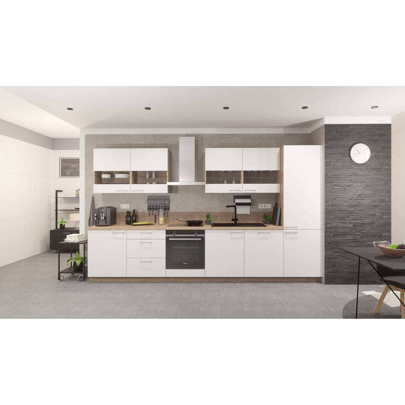 home24 Küchenzeile Concept III 360 x 215 x 60cm Ausrichtung rechts Weiß/Weiß/Eiche Havanna Dekor Siemens von home24