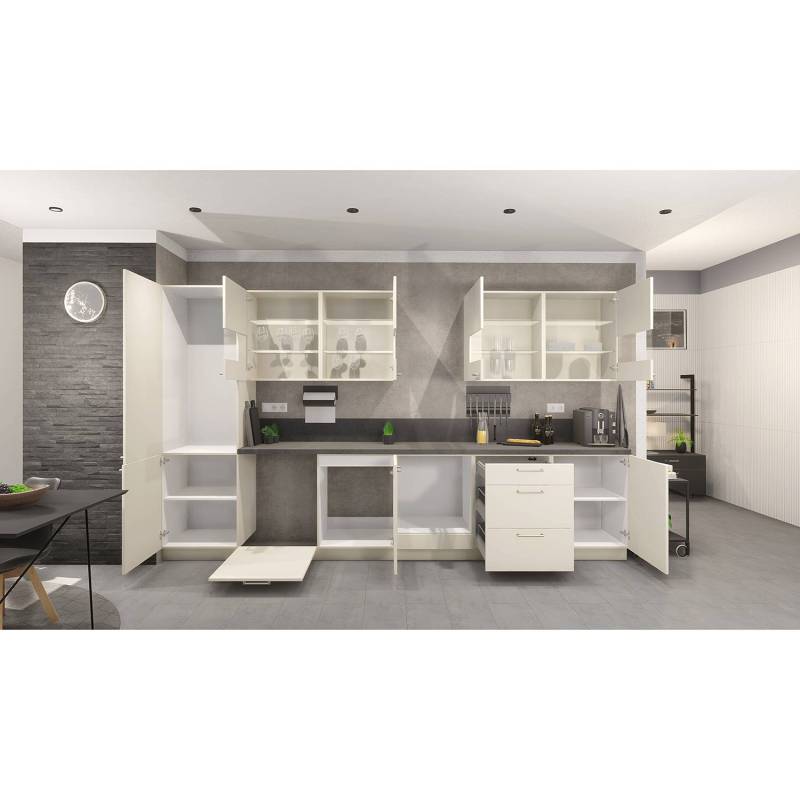 home24 Küchenzeile Concept III 360 x 215 x 60cm Ausrichtung links Beige/Magnolia Dekor/Beton Dekor ohne Elektrogeräte von home24