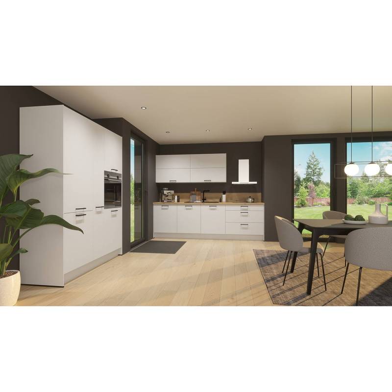 home24 Küchenzeile ConceptC III 426 x 215 x 60cm Ausrichtung links Weiß/Hochglanz Weiß/Eiche Sierra Dekor Siemens von home24
