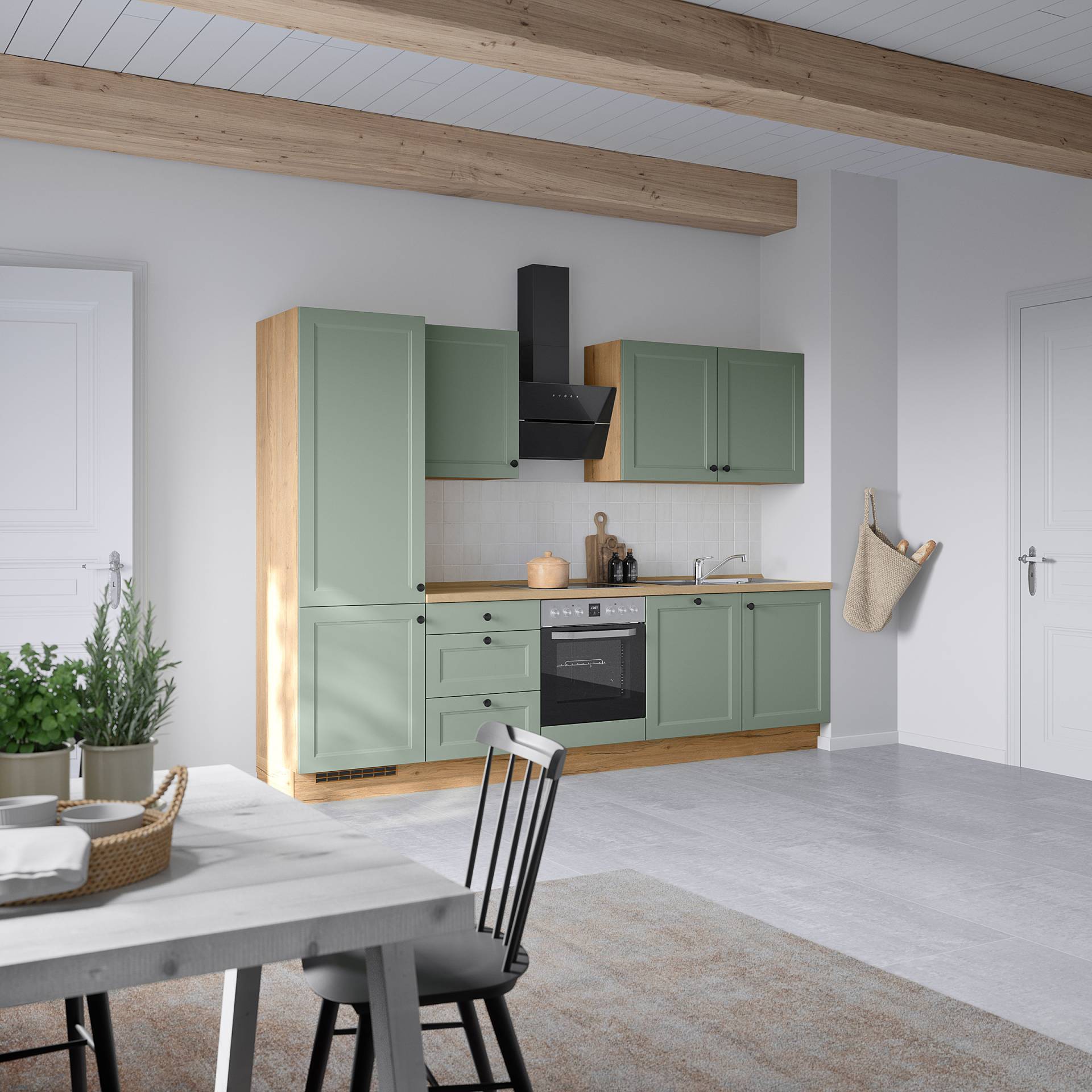 home24 Küchenzeile High-Line Variante C 300cm Ausrichtung links Grün/Mintgrün mit Elektrogeräten von home24