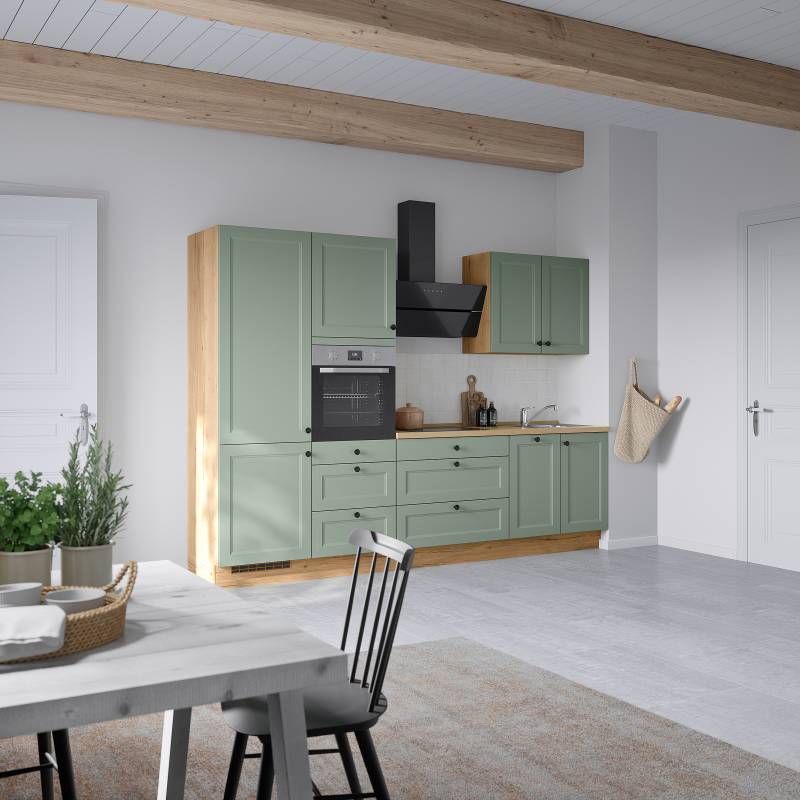 home24 Küchenzeile High-Line Variante D 300cm Ausrichtung links Grün/Mintgrün mit Elektrogeräten von home24
