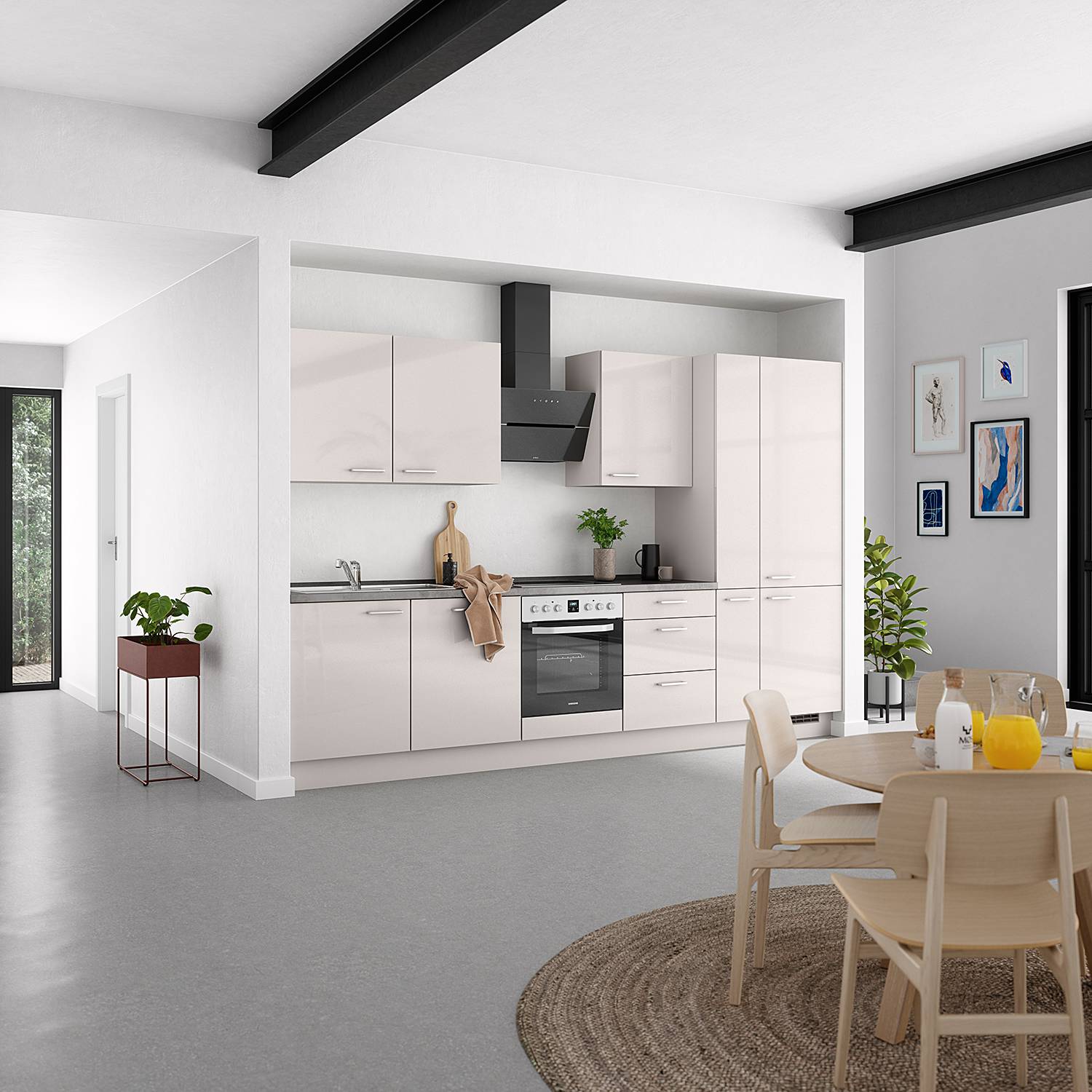 home24 Küchenzeile High-Line Kombi C 330cm Ausrichtung rechts Grau/Hellgrau mit Elektrogeräten von home24