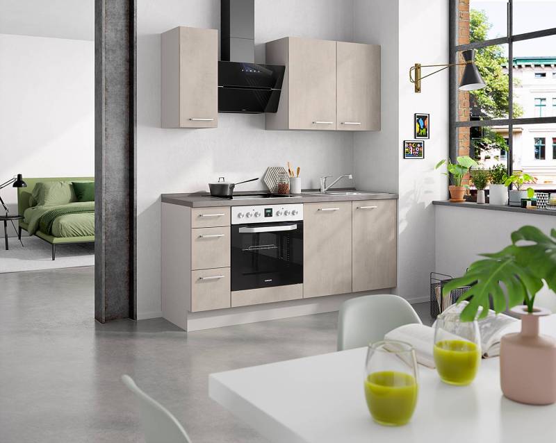 home24 Küchenzeile High-Line Kombi A 180cm Ausrichtung links Grau/Steingrau mit Elektrogeräten von home24