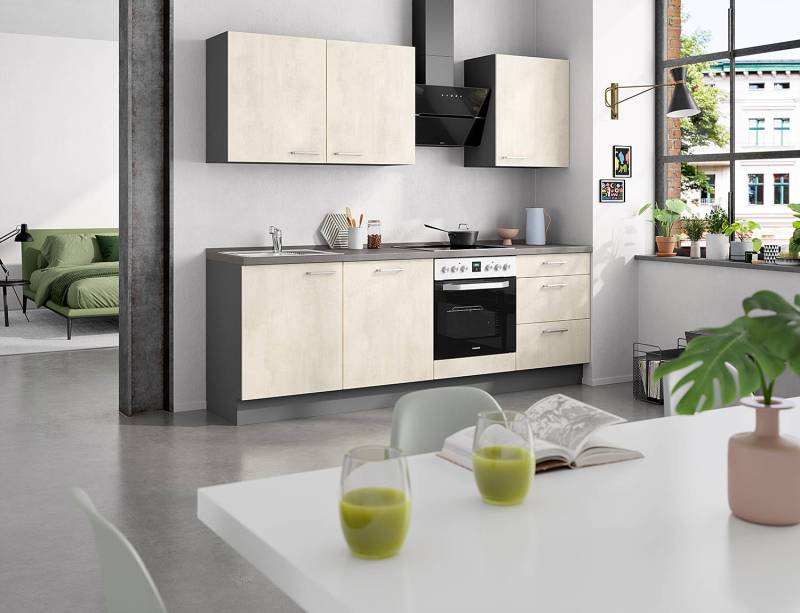 home24 Küchenzeile High-Line Kombi C 240cm Ausrichtung rechts Weiß/Weiß/Beton Dekor mit Elektrogeräten von home24
