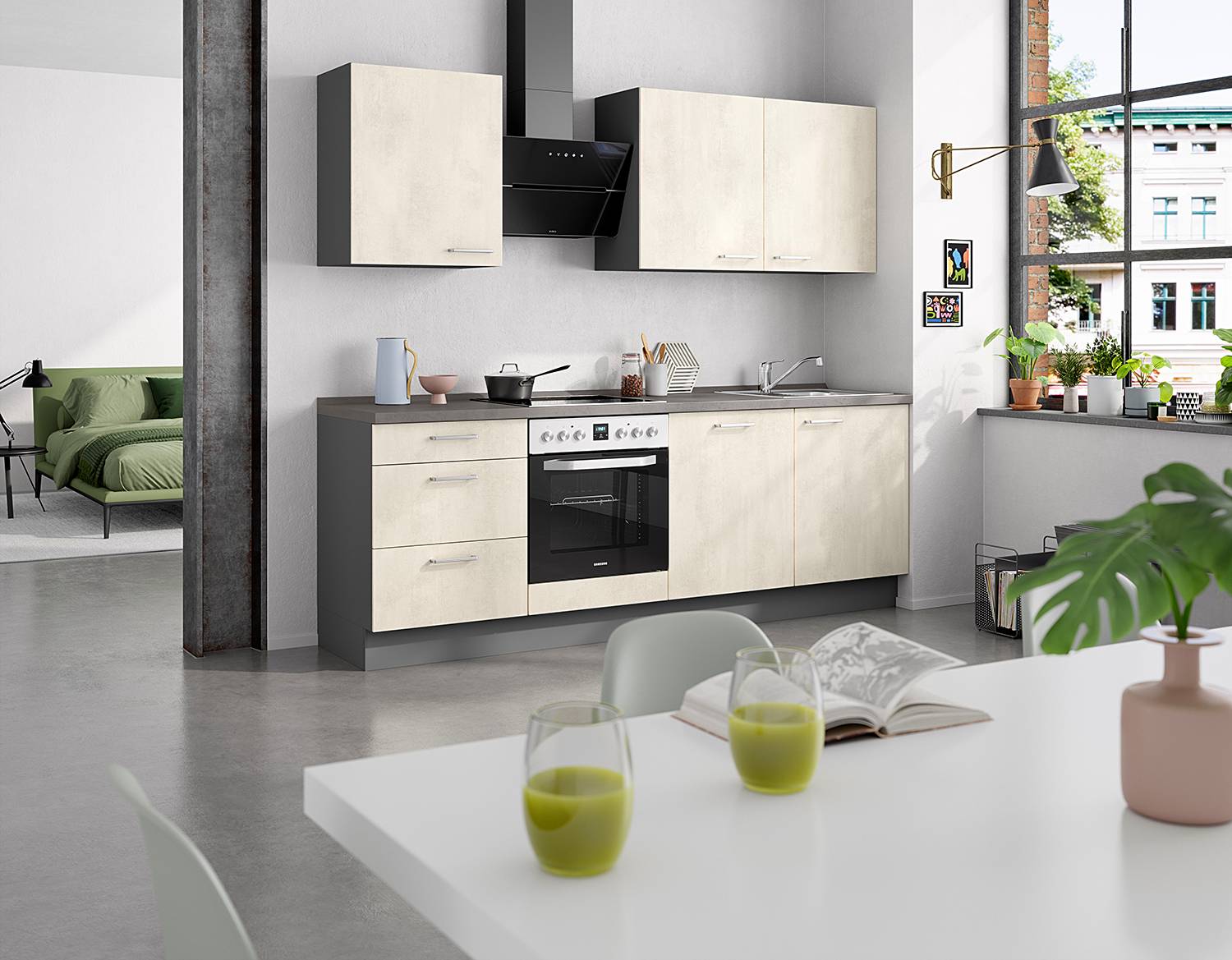 home24 Küchenzeile High-Line Kombi C 240cm Ausrichtung links Weiß/Weiß/Beton Dekor mit Elektrogeräten von home24