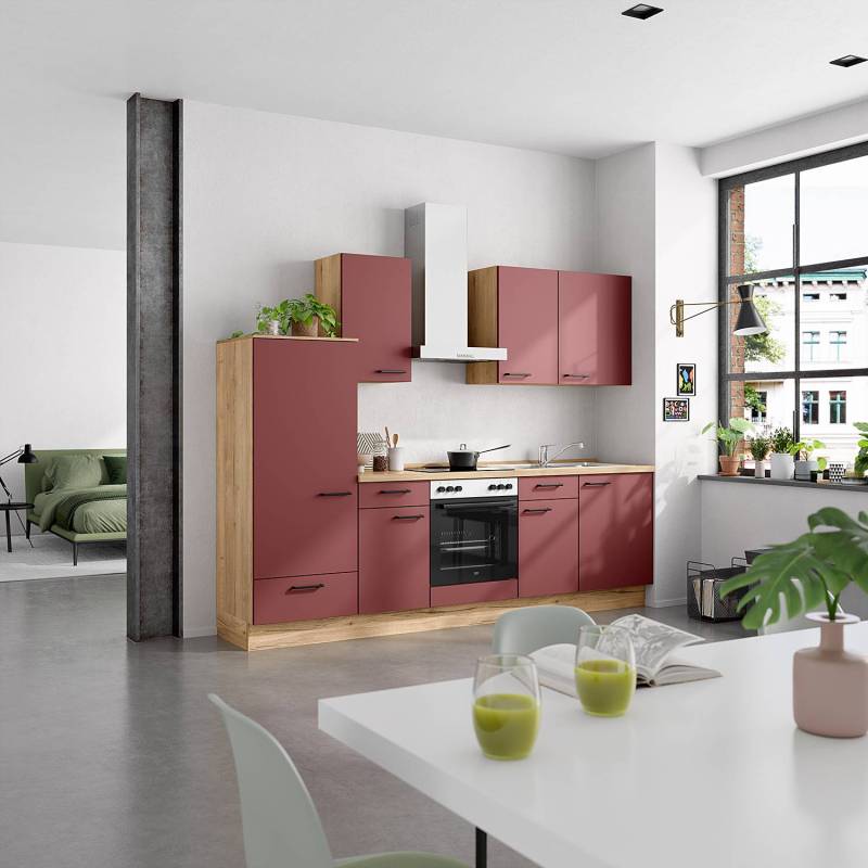 home24 Küchenzeile Low-Line Kombi B 270cm Ausrichtung links Rot/Dunkelrot ohne Elektrogeräte von home24