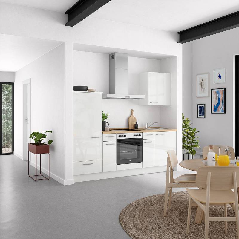 home24 Küchenzeile Low-Line Kombi A 240cm Ausrichtung links Weiß/Hochglanz Weiß mit Elektrogeräten von home24