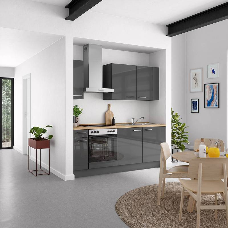 home24 Küchenzeile Low-Line Kombi B 210cm Ausrichtung links Grau/Hochglanz Grau mit Elektrogeräten von home24